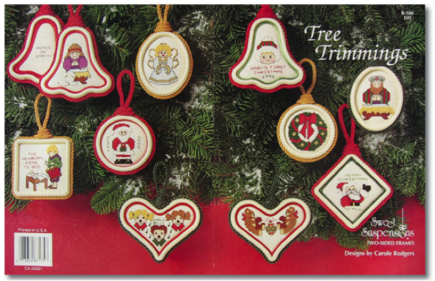 BOOK. Tree Trimmings: Ten Christmas cross-stitch designs for Sweet Suspensions frames that make great Christmas ornaments and gift package decorations.